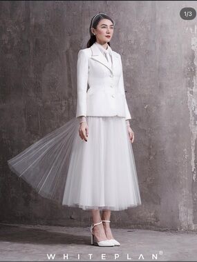 White Tulle Midi Skirt and Tailored Jacket Set